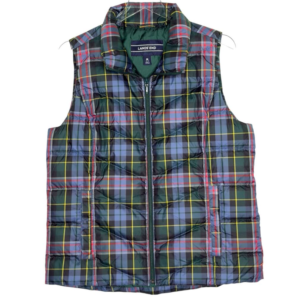 Lands End M Puffer Down Plaid Vest Tartan Navy Green Outdoor Preppy